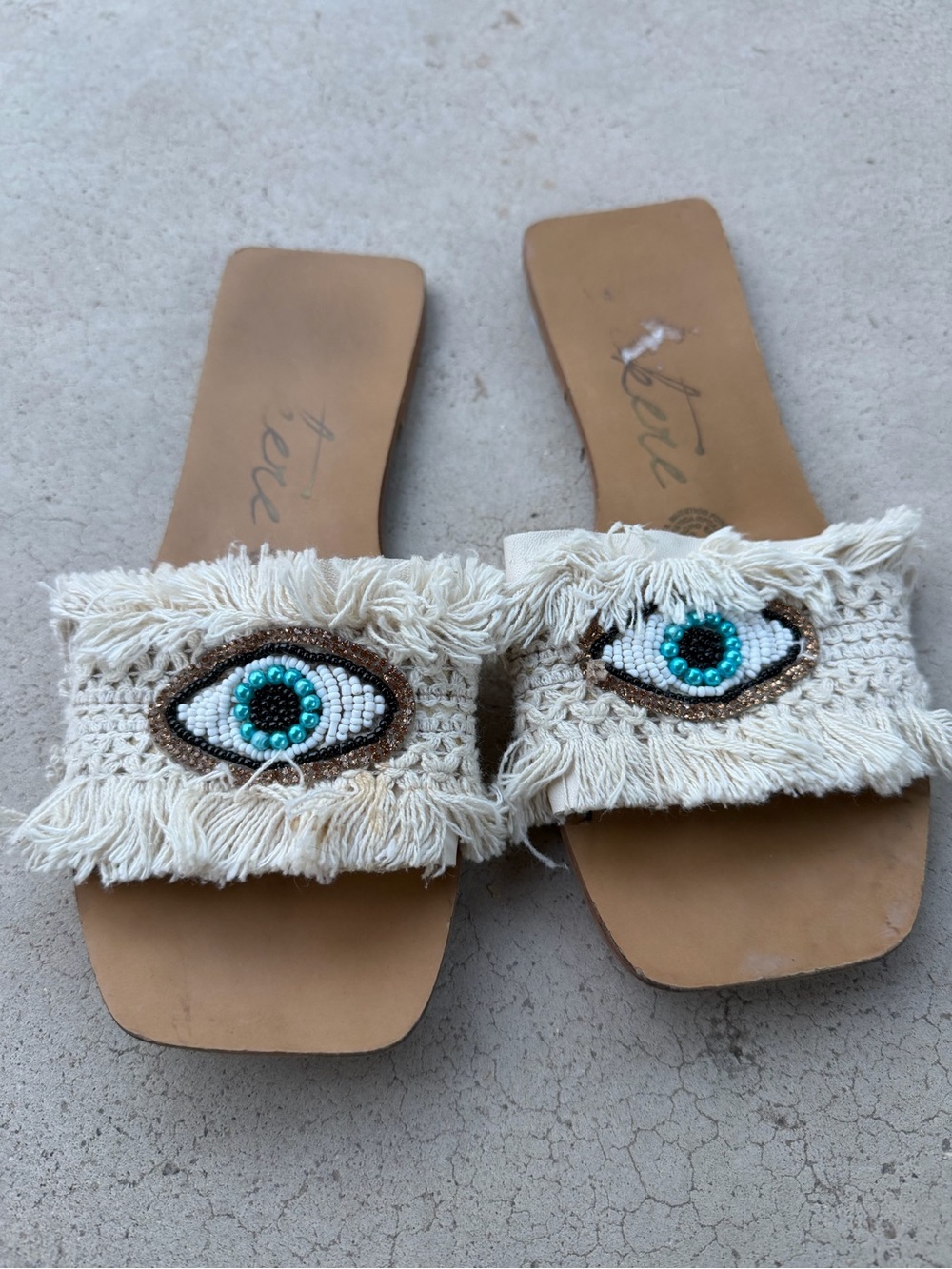 Fringe Beaded Eye Slide Sandals - Cream/Turquoise
